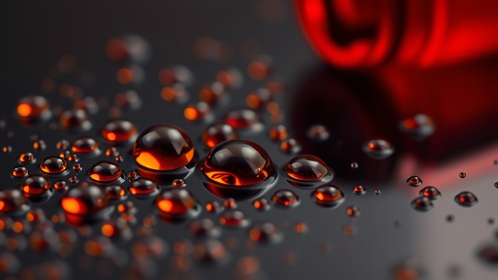 Gotas de aceites esenciales y compuestos químicos en superficie oscura