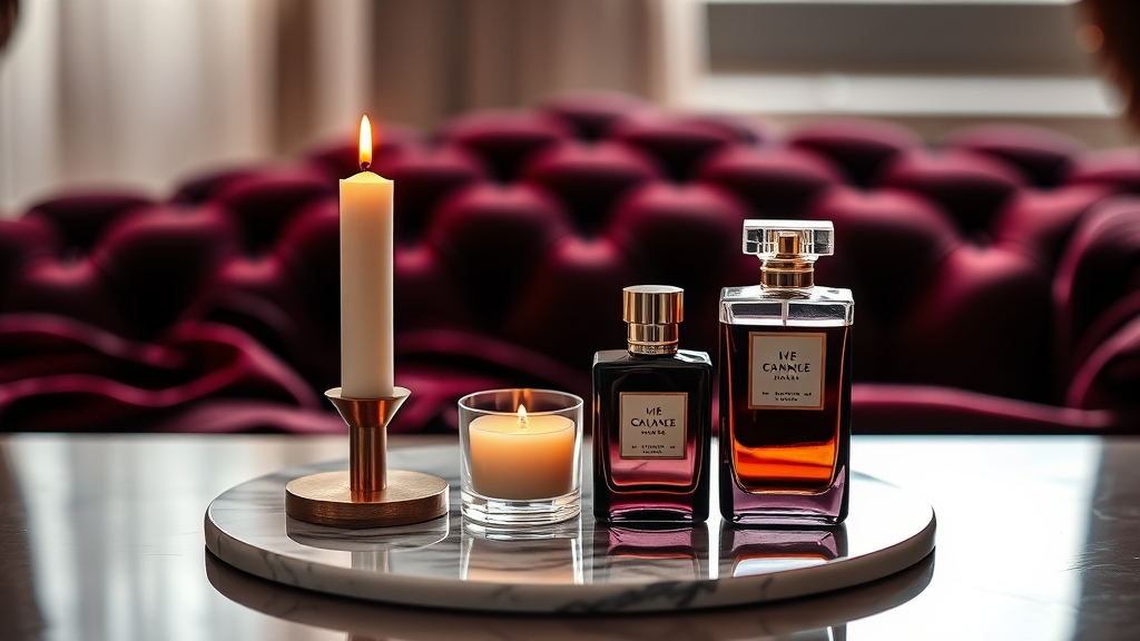 Ambiente de tocador premium con perfume y vela